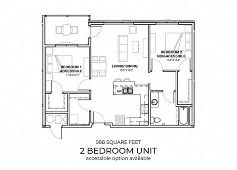 Floor plan for 2 beds, 1 bath, 988 sqft